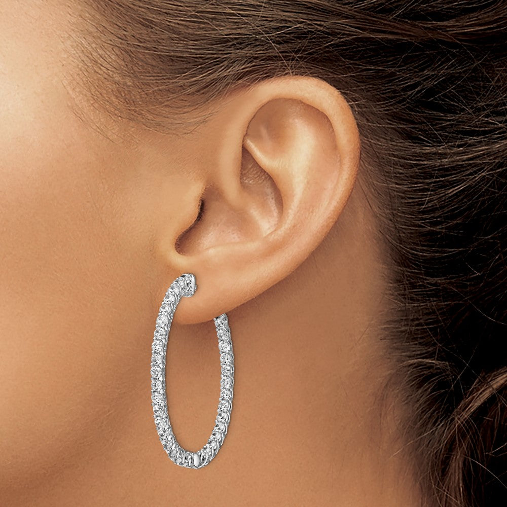 QE7579 Sterling Shimmer Sterling Silver Rhodium-plated 66 Stone 2.3mm CZ In and Out Oval Hinged Hoop Earrings