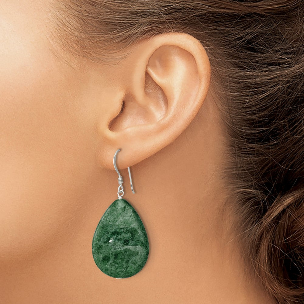 QE7617 Sterling Silver Polished Cracked Aventurine Green Teardrop Dangle Earrings