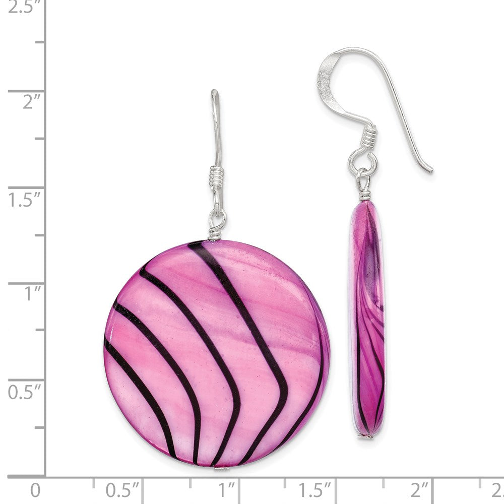 QE7620 Sterling Silver Polished Pink & Black Mother of Pearl Disc Dangle Earrings