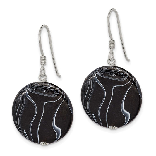 QE7621 Sterling Silver Polished Black Agate Disc Dangle Earrings