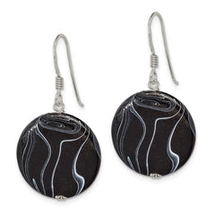 QE7621 Sterling Silver Polished Black Agate Disc Dangle Earrings