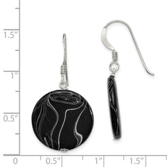 QE7621 Sterling Silver Polished Black Agate Disc Dangle Earrings