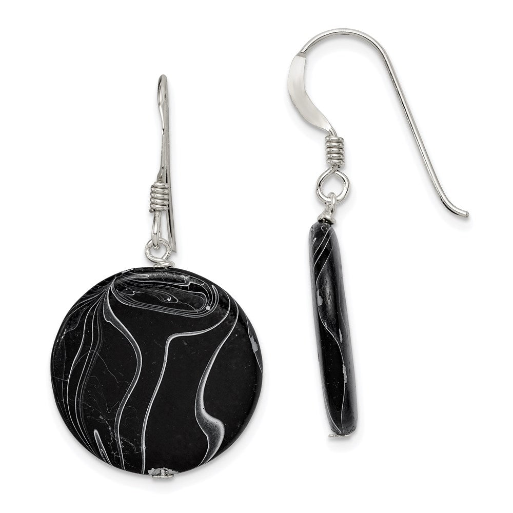 QE7621 Sterling Silver Polished Black Agate Disc Dangle Earrings