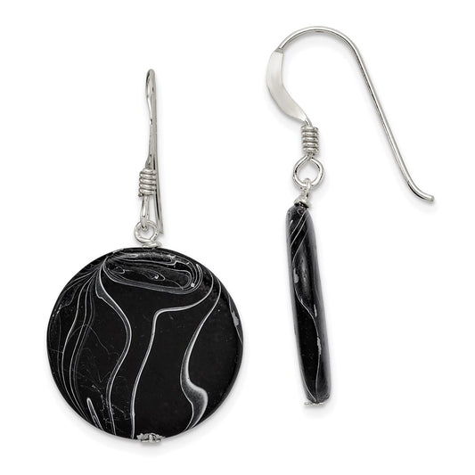 QE7621 Sterling Silver Polished Black Agate Disc Dangle Earrings