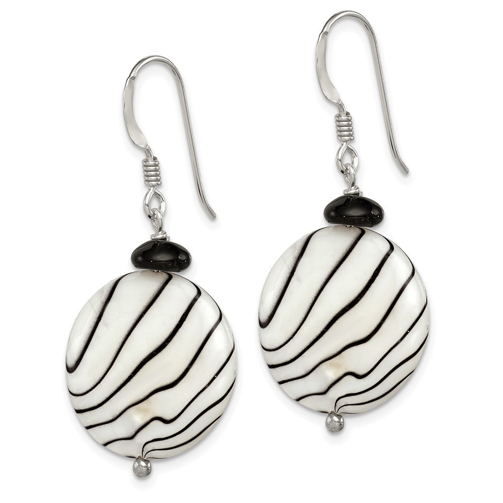 QE7622 Sterling Silver Polished Black Agate/Zebra Mother of Pearl Dangle Earrings