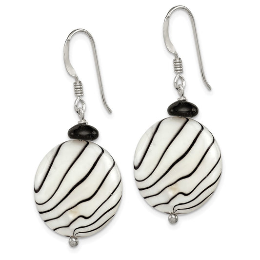 QE7622 Sterling Silver Polished Black Agate/Zebra Mother of Pearl Dangle Earrings