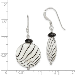 QE7622 Sterling Silver Polished Black Agate/Zebra Mother of Pearl Dangle Earrings