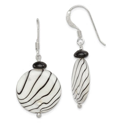 QE7622 Sterling Silver Polished Black Agate/Zebra Mother of Pearl Dangle Earrings