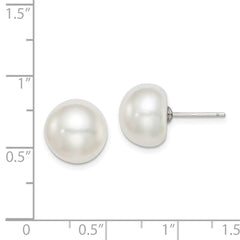 QE7645 Sterling Silver Rhodium-plated 11-12mm White Button Freshwater Cultured Pearl Post Earrings