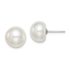 QE7645 Sterling Silver Rhodium-plated 11-12mm White Button Freshwater Cultured Pearl Post Earrings