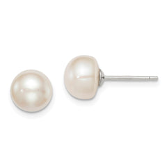 QE7646 Sterling Silver Rhodium-plated 8-9mm White Button Freshwater Cultured Pearl Post Earrings