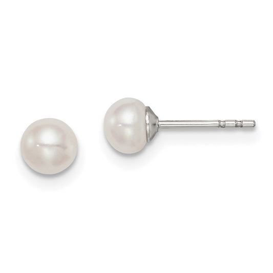 QE7647 Sterling Silver Rhodium-plated 4-5mm White Button Freshwater Cultured Pearl Post Earrings