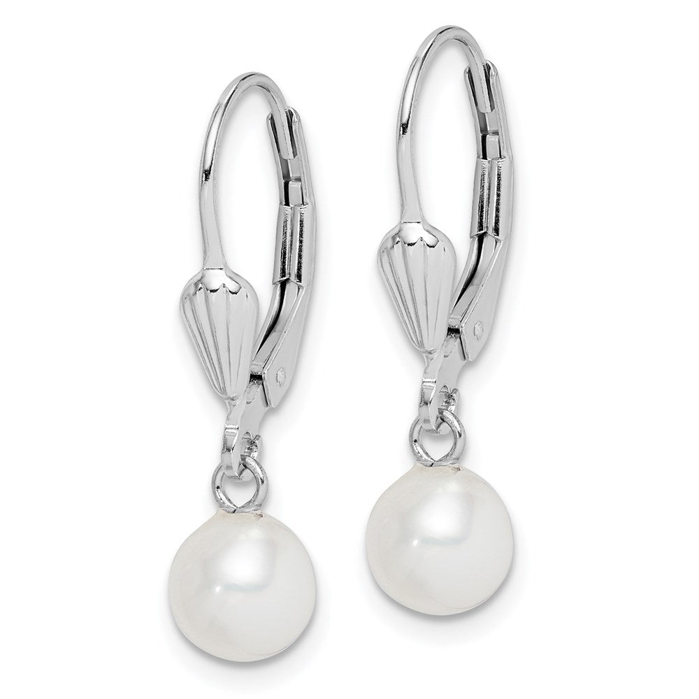 QE7650 Sterling Silver Rhodium-plated 6-7mm White Round Freshwater Cultured Pearl Leverback Dangle Earrings