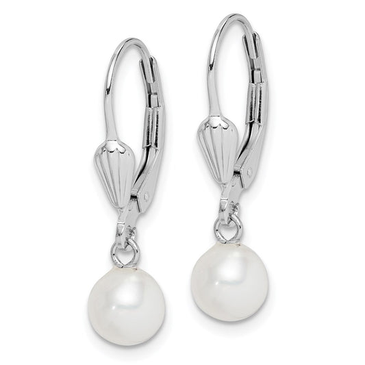 QE7650 Sterling Silver Rhodium-plated 6-7mm White Round Freshwater Cultured Pearl Leverback Dangle Earrings