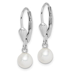 QE7650 Sterling Silver Rhodium-plated 6-7mm White Round Freshwater Cultured Pearl Leverback Dangle Earrings