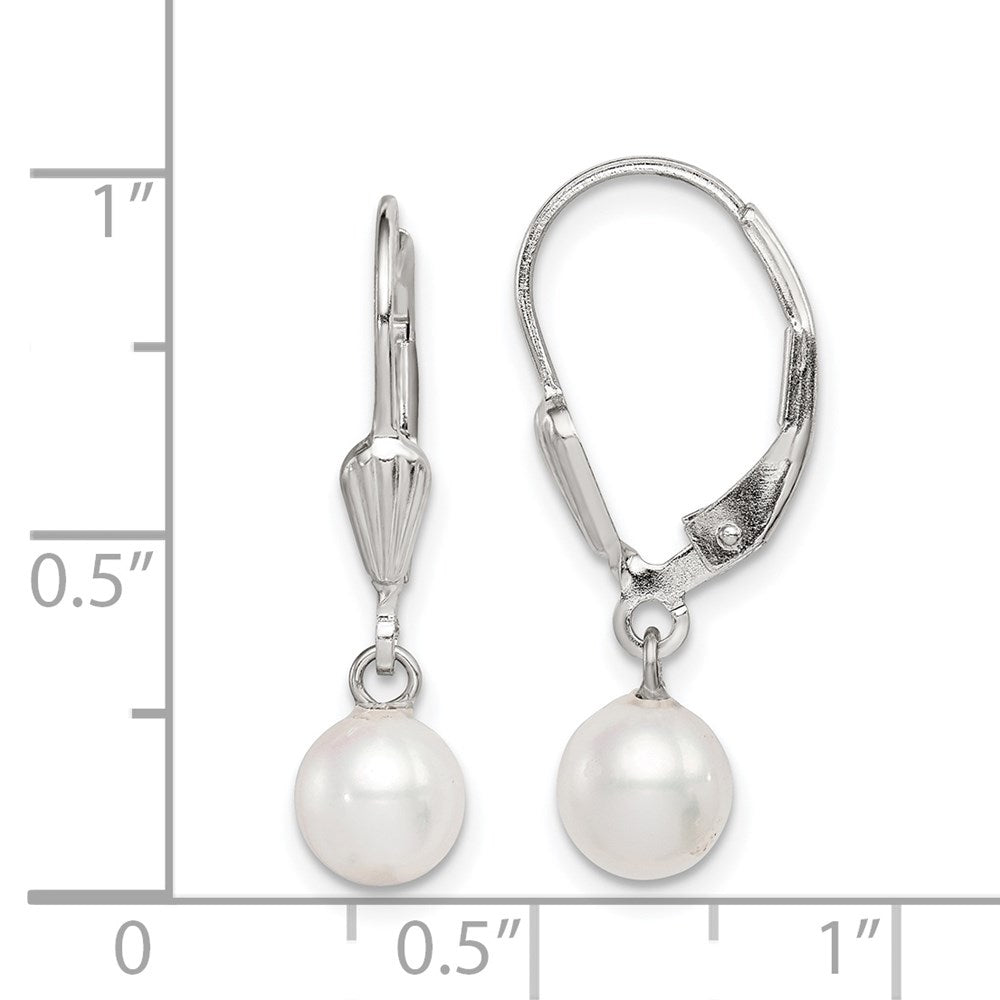 QE7650 Sterling Silver Rhodium-plated 6-7mm White Round Freshwater Cultured Pearl Leverback Dangle Earrings