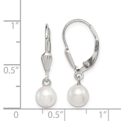 QE7650 Sterling Silver Rhodium-plated 6-7mm White Round Freshwater Cultured Pearl Leverback Dangle Earrings