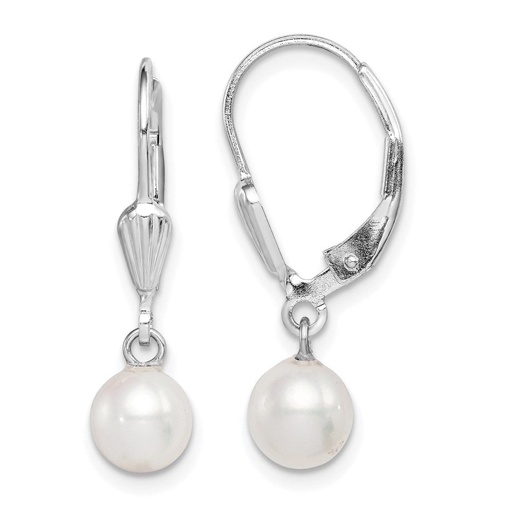 QE7650 Sterling Silver Rhodium-plated 6-7mm White Round Freshwater Cultured Pearl Leverback Dangle Earrings