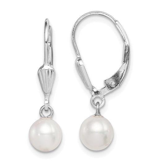 QE7650 Sterling Silver Rhodium-plated 6-7mm White Round Freshwater Cultured Pearl Leverback Dangle Earrings