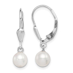 QE7650 Sterling Silver Rhodium-plated 6-7mm White Round Freshwater Cultured Pearl Leverback Dangle Earrings