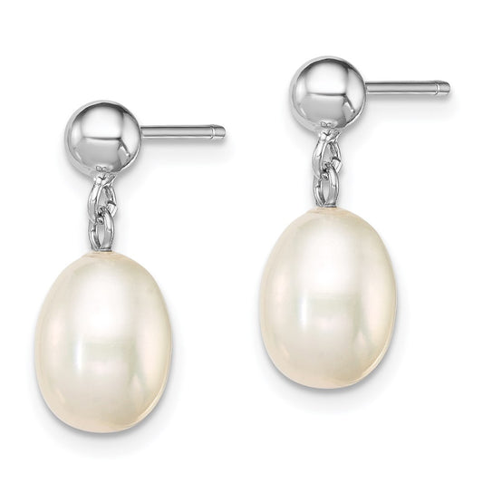 QE7652 Sterling Silver Rhodium-plated 7-8mm White Rice Freshwater Cultured Pearl Post Dangle Earrings