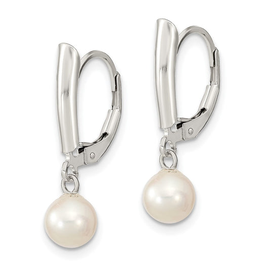 QE7654 Sterling Silver Rhodium-plated 6-7mm White Round Freshwater Cultured Pearl Leverback Dangle Earrings