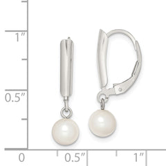 QE7654 Sterling Silver Rhodium-plated 6-7mm White Round Freshwater Cultured Pearl Leverback Dangle Earrings