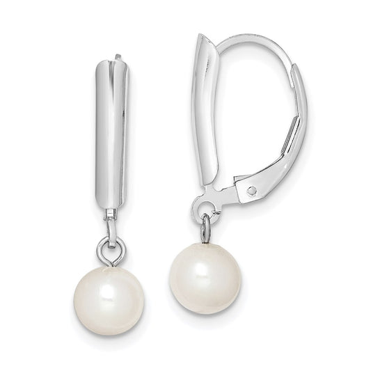 QE7654 Sterling Silver Rhodium-plated 6-7mm White Round Freshwater Cultured Pearl Leverback Dangle Earrings