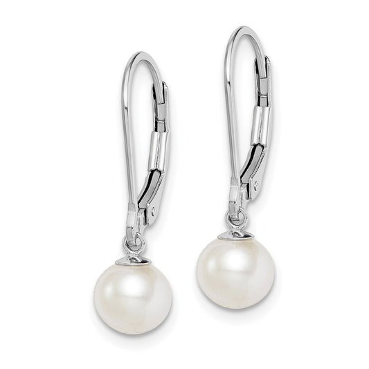 QE7657 Sterling Silver Rhodium-plated 6-7mm White Round Freshwater Cultured Pearl Leverback Dangle Earrings