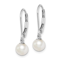 QE7657 Sterling Silver Rhodium-plated 6-7mm White Round Freshwater Cultured Pearl Leverback Dangle Earrings