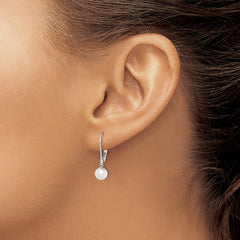 QE7657 Sterling Silver Rhodium-plated 6-7mm White Round Freshwater Cultured Pearl Leverback Dangle Earrings