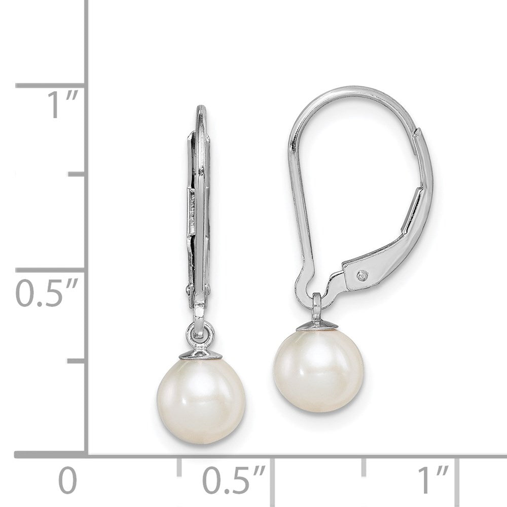 QE7657 Sterling Silver Rhodium-plated 6-7mm White Round Freshwater Cultured Pearl Leverback Dangle Earrings