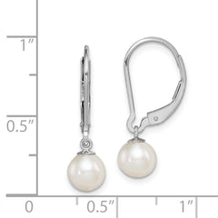 QE7657 Sterling Silver Rhodium-plated 6-7mm White Round Freshwater Cultured Pearl Leverback Dangle Earrings