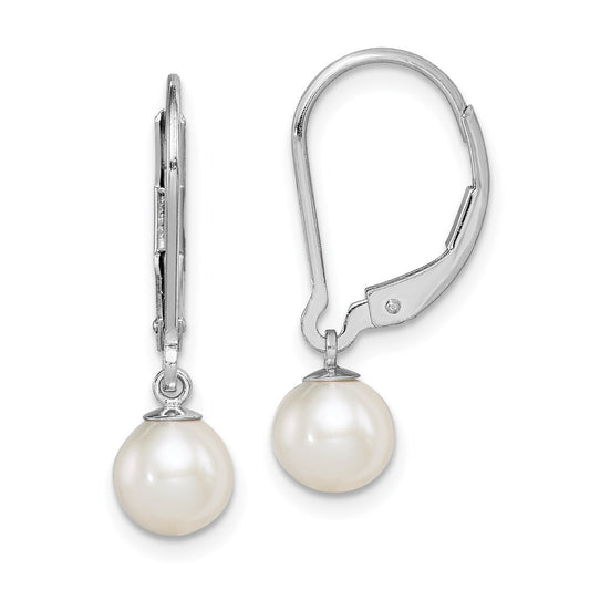 QE7657 Sterling Silver Rhodium-plated 6-7mm White Round Freshwater Cultured Pearl Leverback Dangle Earrings