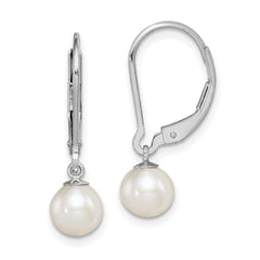 QE7657 Sterling Silver Rhodium-plated 6-7mm White Round Freshwater Cultured Pearl Leverback Dangle Earrings