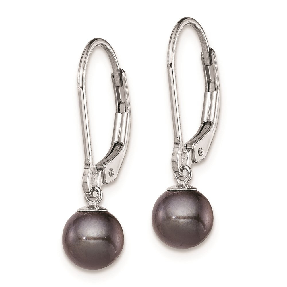 QE7659 Sterling Silver Rhodium-plated 6-7mm Black Round Freshwater Cultured Pearl Leverback Dangle Earrings