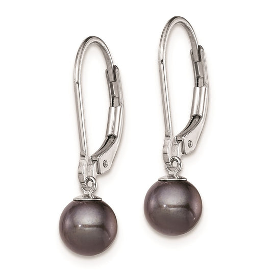 QE7659 Sterling Silver Rhodium-plated 6-7mm Black Round Freshwater Cultured Pearl Leverback Dangle Earrings
