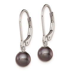 QE7659 Sterling Silver Rhodium-plated 6-7mm Black Round Freshwater Cultured Pearl Leverback Dangle Earrings