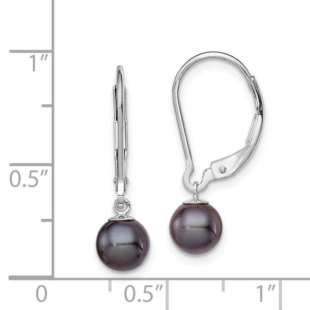 QE7659 Sterling Silver Rhodium-plated 6-7mm Black Round Freshwater Cultured Pearl Leverback Dangle Earrings