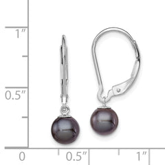 QE7659 Sterling Silver Rhodium-plated 6-7mm Black Round Freshwater Cultured Pearl Leverback Dangle Earrings