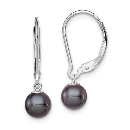 QE7659 Sterling Silver Rhodium-plated 6-7mm Black Round Freshwater Cultured Pearl Leverback Dangle Earrings