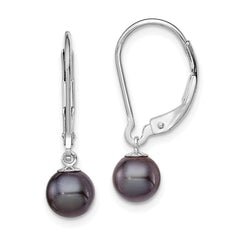 QE7659 Sterling Silver Rhodium-plated 6-7mm Black Round Freshwater Cultured Pearl Leverback Dangle Earrings