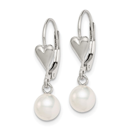 QE7661 Sterling Silver Rhodium-plated 6-7mm White Round Freshwater Cultured Pearl Heart Leverback Dangle Earrings