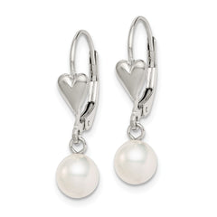 QE7661 Sterling Silver Rhodium-plated 6-7mm White Round Freshwater Cultured Pearl Heart Leverback Dangle Earrings