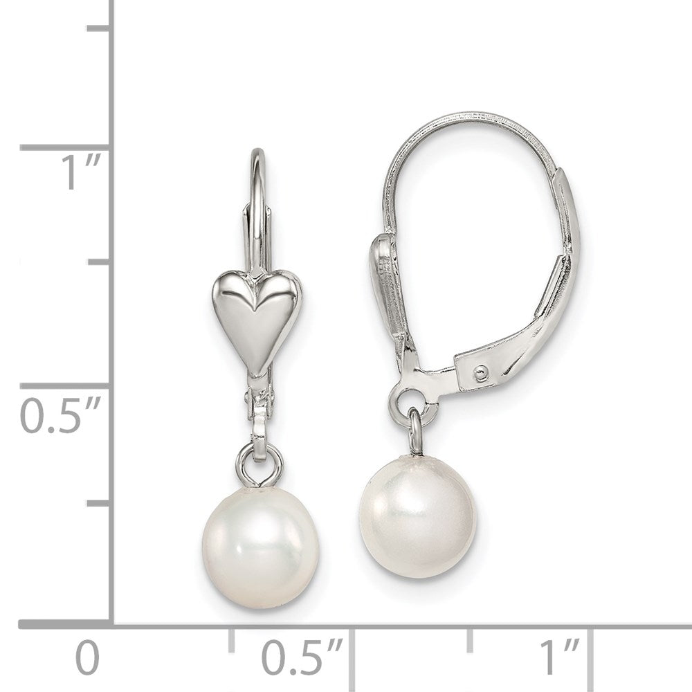 QE7661 Sterling Silver Rhodium-plated 6-7mm White Round Freshwater Cultured Pearl Heart Leverback Dangle Earrings