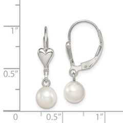 QE7661 Sterling Silver Rhodium-plated 6-7mm White Round Freshwater Cultured Pearl Heart Leverback Dangle Earrings