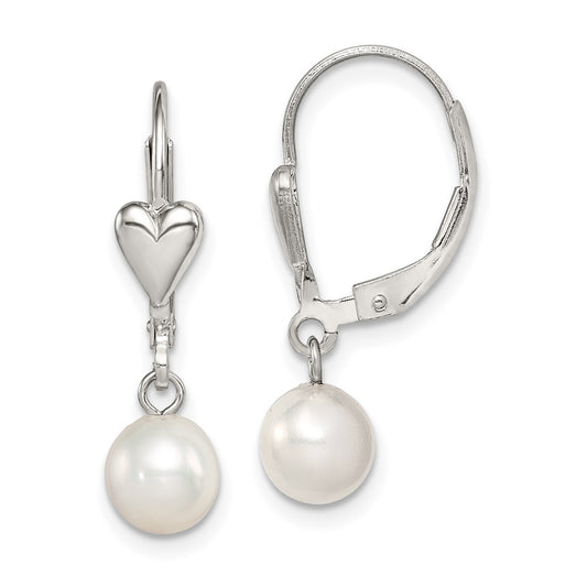 QE7661 Sterling Silver Rhodium-plated 6-7mm White Round Freshwater Cultured Pearl Heart Leverback Dangle Earrings