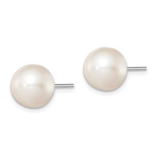 QE7665 Sterling Silver Rhodium-plated 10-11mm White Button Freshwater Cultured Pearl Post Earrings