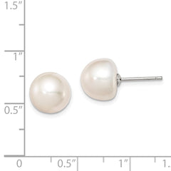 QE7665 Sterling Silver Rhodium-plated 10-11mm White Button Freshwater Cultured Pearl Post Earrings