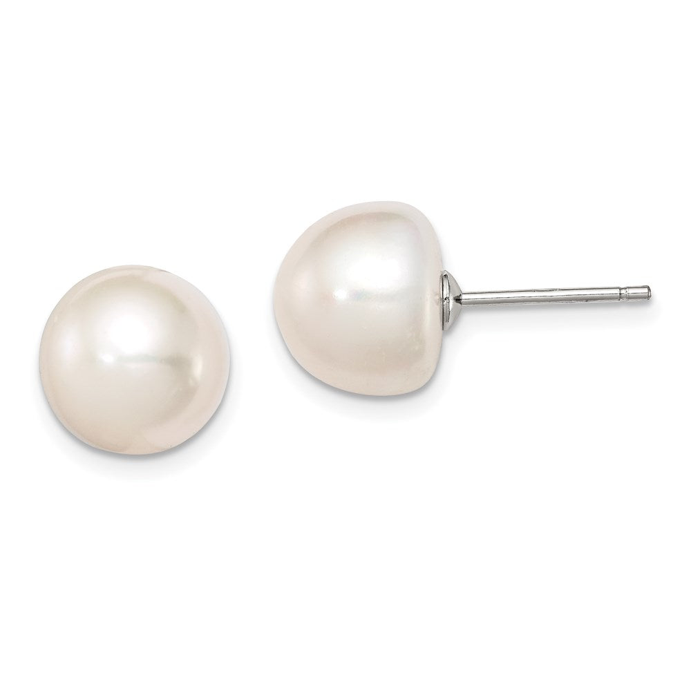 QE7665 Sterling Silver Rhodium-plated 10-11mm White Button Freshwater Cultured Pearl Post Earrings